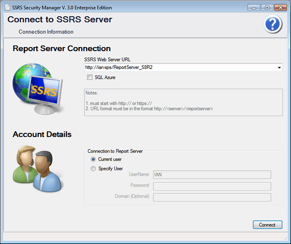 SSRS Security Manager Connection Screen