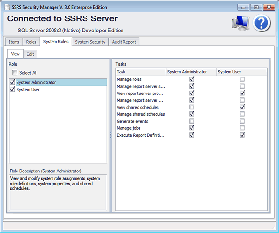 SSRS Security Manager View System Roles