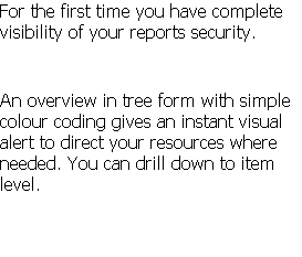 For the first time you have complete visibility of your reports security.   An overview in tree form with simple colour coding gives an instant visual alert to direct your resources where needed. You can drill down to item level.