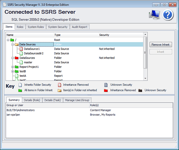 SSRS Security Manager Application screenshot showing SSRS security differencesV